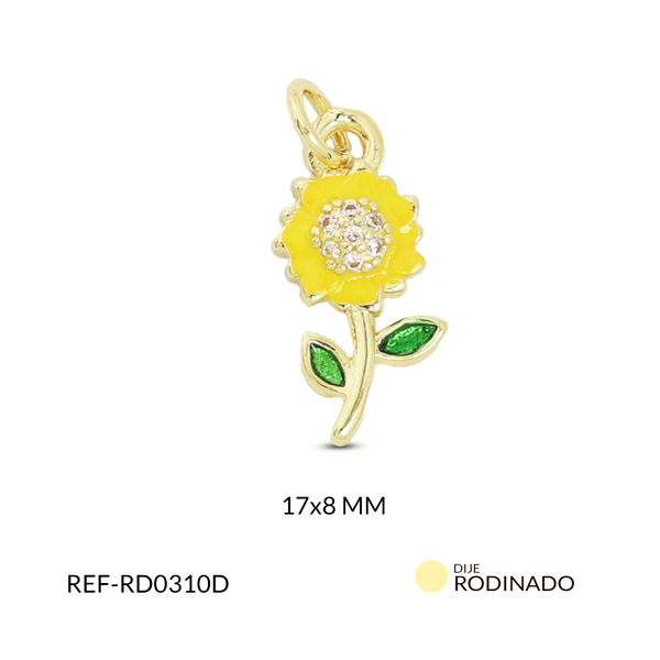 Dije rodinado margarita amarilla hojas verdes 17x8mm x und
