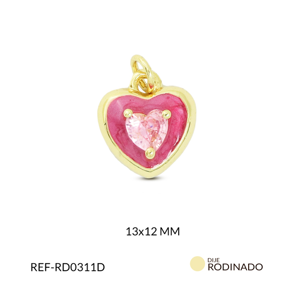 Dije rodinado corazón resina fucsia circón rosado 13x12mm x und