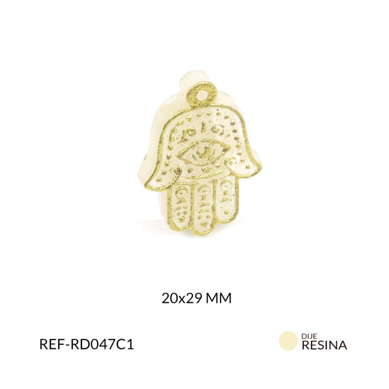 Dije resina mano hamsa blanca transparente bordes dorado 20x29mm x und