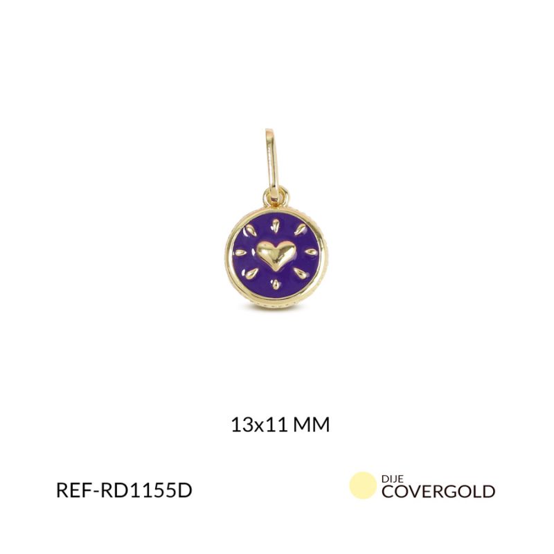 Dije redondo covergold resina morada corazon grabado 13x11mm x und