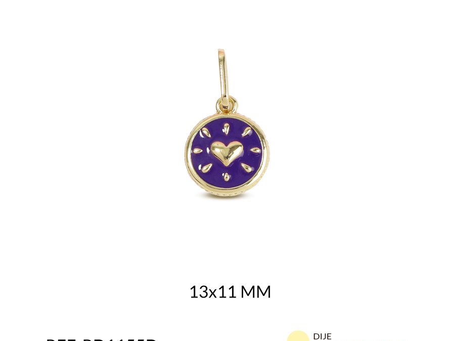 Dije redondo covergold resina morada corazon grabado 13x11mm x und