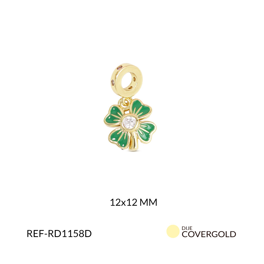 Dije rodinado trébol circón plateado resina verde 12mm x und1