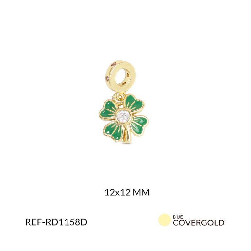 Dije rodinado trébol circón plateado resina verde 12mm x und1