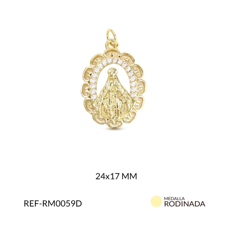 Medalla rodinada ovalada virgen milagrosa circón plateado 24x17mm x und