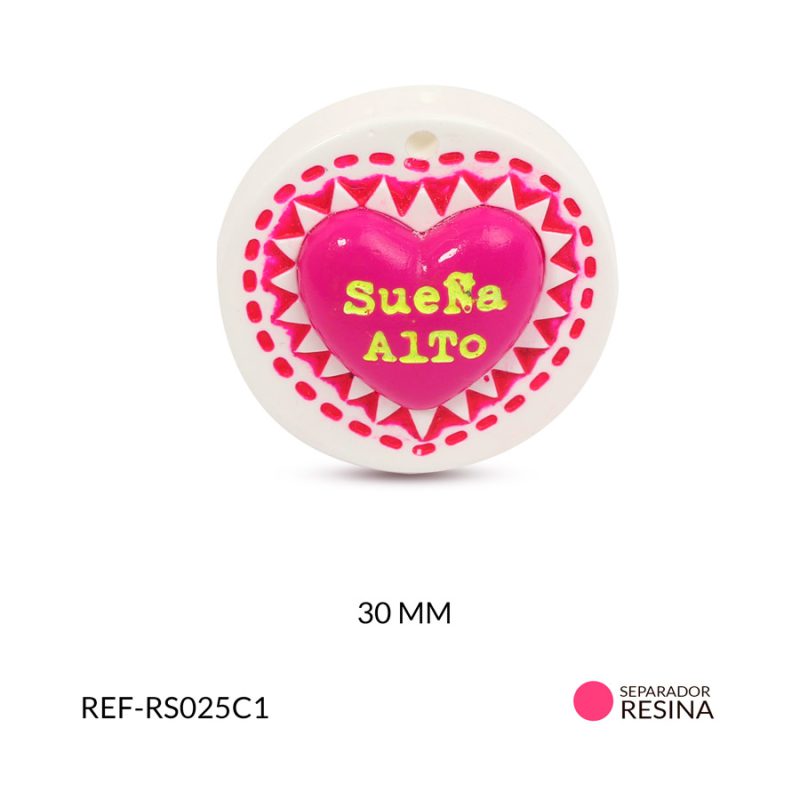 Separador resina circulo fucsia corazón naranja (sueña alto) 30x30mm x unid