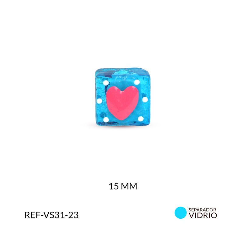 Separador vidrio cuadrado azul claro corazón fucsia 15mm x und