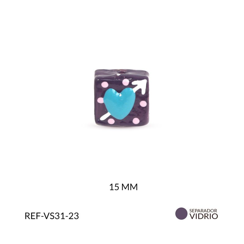 Separador vidrio cuadrado morado corazon azul flecha 15mm x und