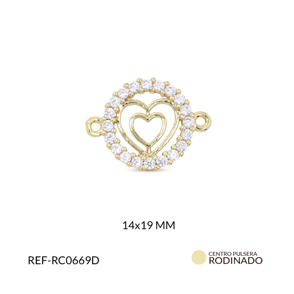Centro pulsera rodinado redondo silueta doble corazón circón plateado 14x19mm x unidad