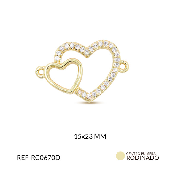 Centro pulsera rodinado doble corazon silueta 15x23mm x unidad