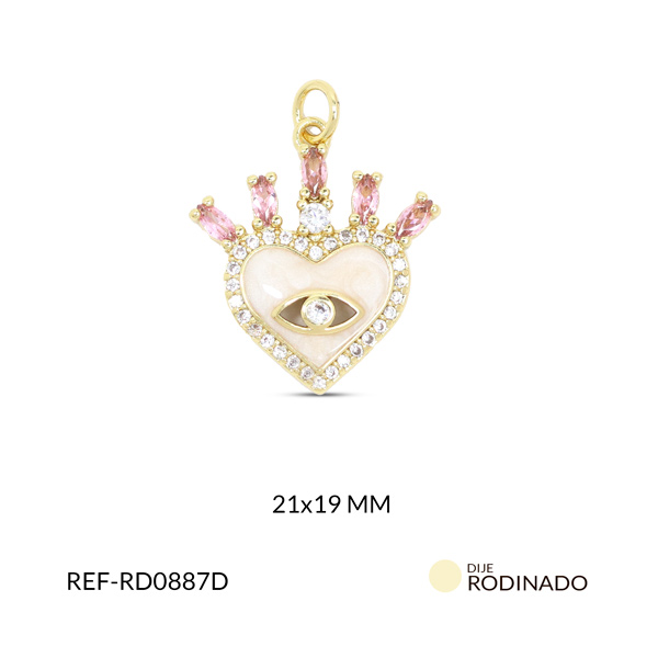 Dije rodinado corazón resina beige ojo pestaña cristal rosado 21x19mm x und