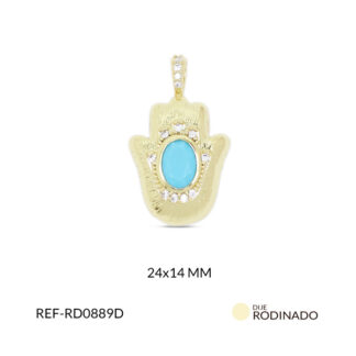 Dije rodinado mano hamsa cristal azul 24x14mm x und