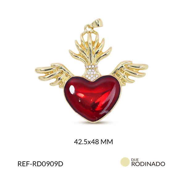 Dije rodinado corazon con alas resina roja circón plateado 42.5x48mm x und