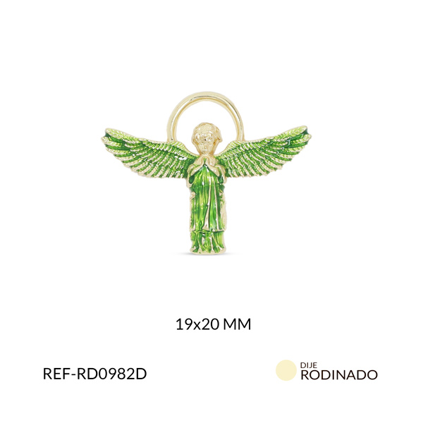 Dije rodinado ángel de la guarda resina verde 19x20mm x und