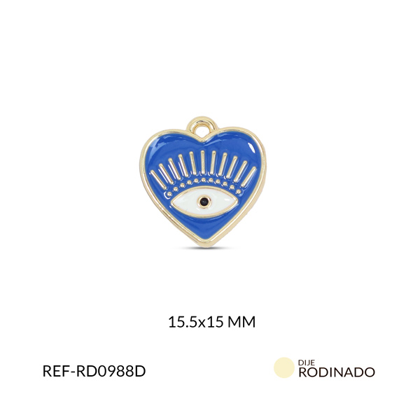 Dije rodinado corazon con resina azul rey ojo y pestaña 15.5x15mm x und