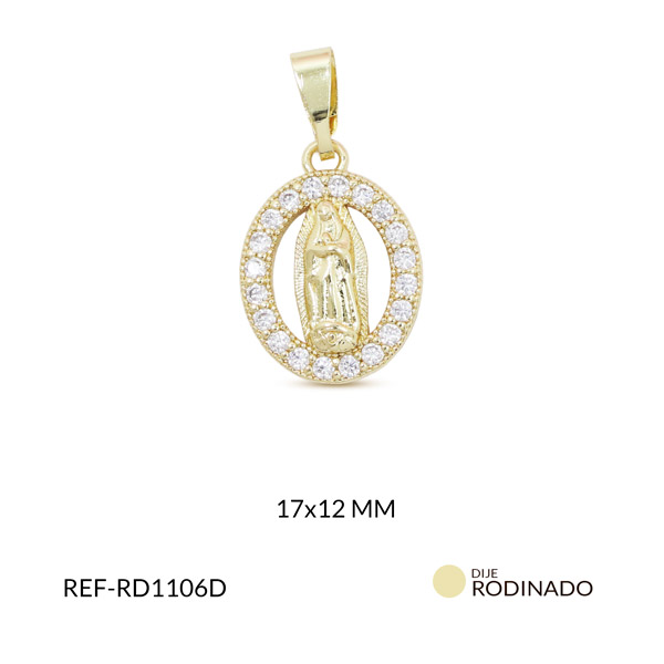 Dije rodinado ovalado virgen de guadalupe con circón 17x12mm x unidad