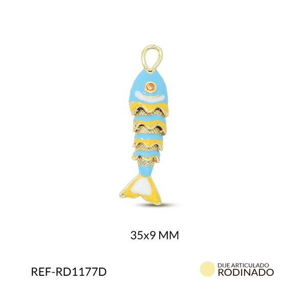 Dije rodinado pez esmaltado azul claro 35x9mm x und