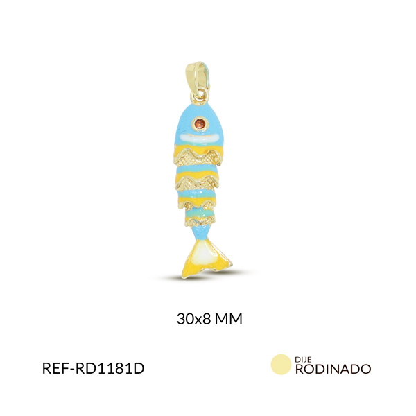 Dije rodinado pez esmaltado azul claro 30x8mm x und