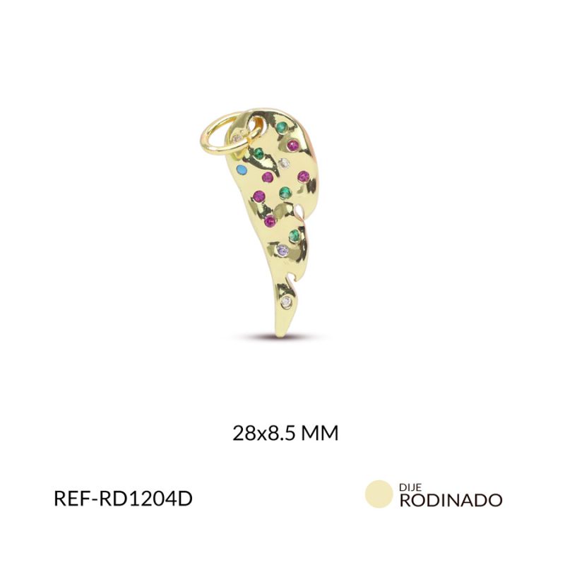 Dije rodinado Ala martillado circón mixto 22x8.5mm x und