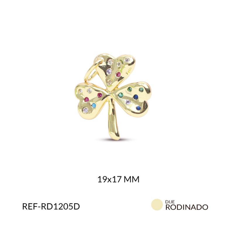 Dije trébol en rodinado con circón mixto 19x17mm x und