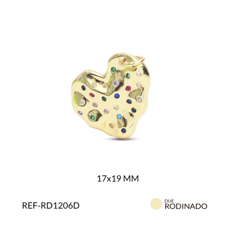 Dije rodinado corazón martillado con circon mixto 17x9mm x und