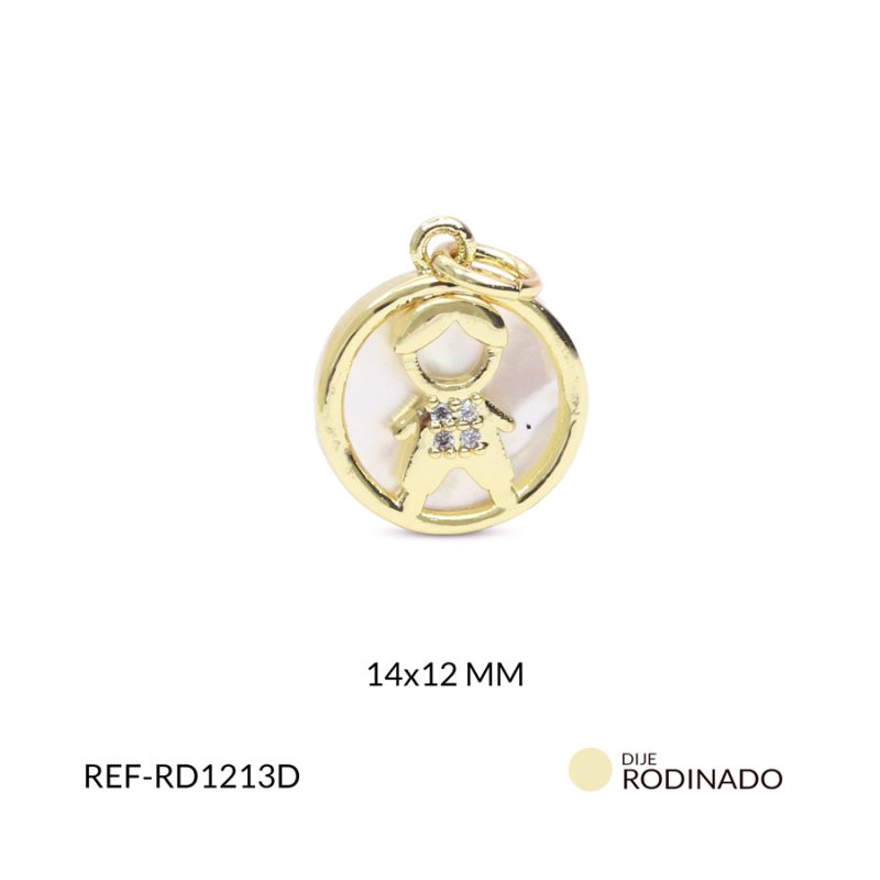 Dije rodinado niño redondo en nacar 14x12mm x und