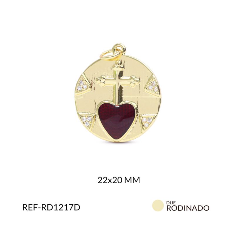 Dije redondo corazón rojo con circón 22x20mm x und