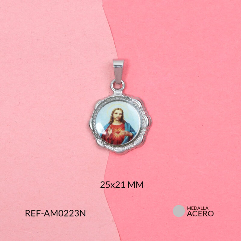 Medalla acero sagrado corazón de Jesús resinado 25x21mm x und