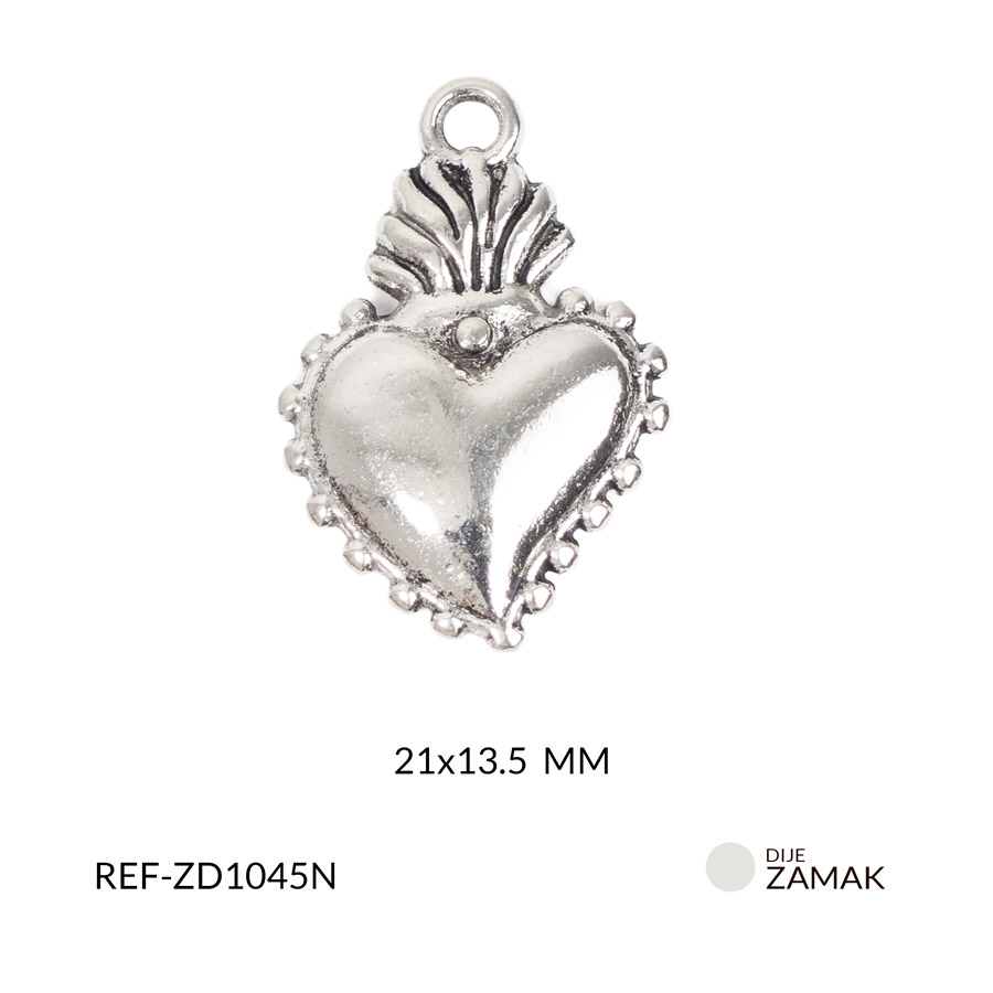 Dije zamak corazón con llamas y puntos 21x3.5mm x 6und
