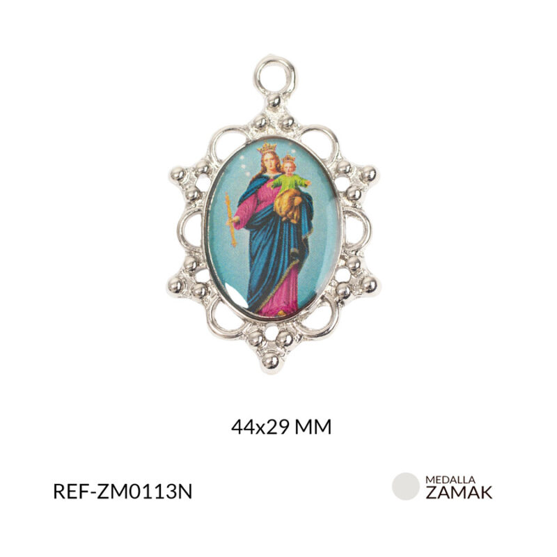 Medalla en zamak niquelada Virgen Maria Auxiliadora 29x44 mm