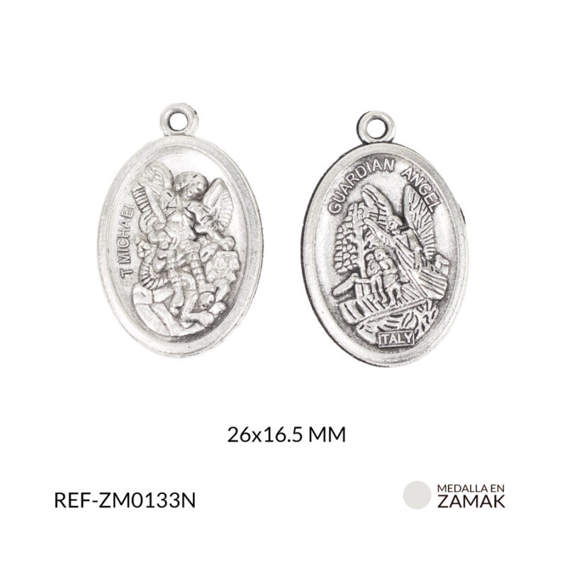 Medalla zamak san miguel arcángel+ ángel guardián 26x16.5mm paq x6