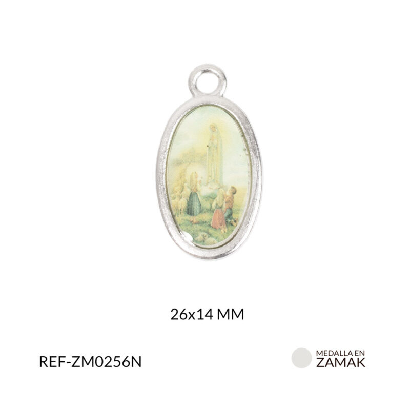 Medalla en zamak niquelada Virgen de fatima 26x14 mm
