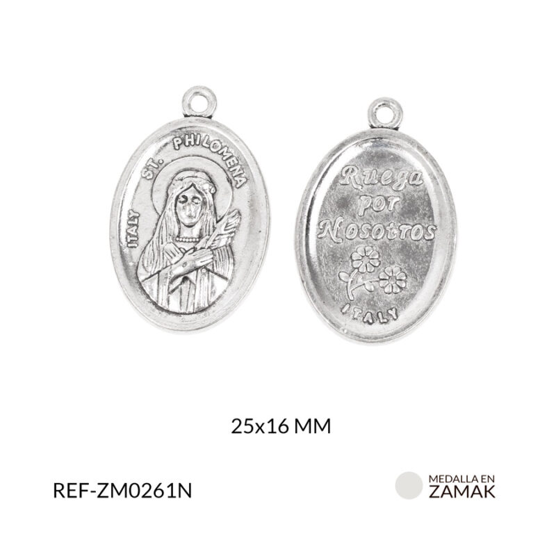 Medalla en zamak niquelada Santa Filomena 25x16 mm