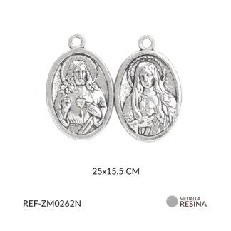 Medalla zamak sagrado corazon de Jesús y corazon de Maria 25X15.5mm paq x6