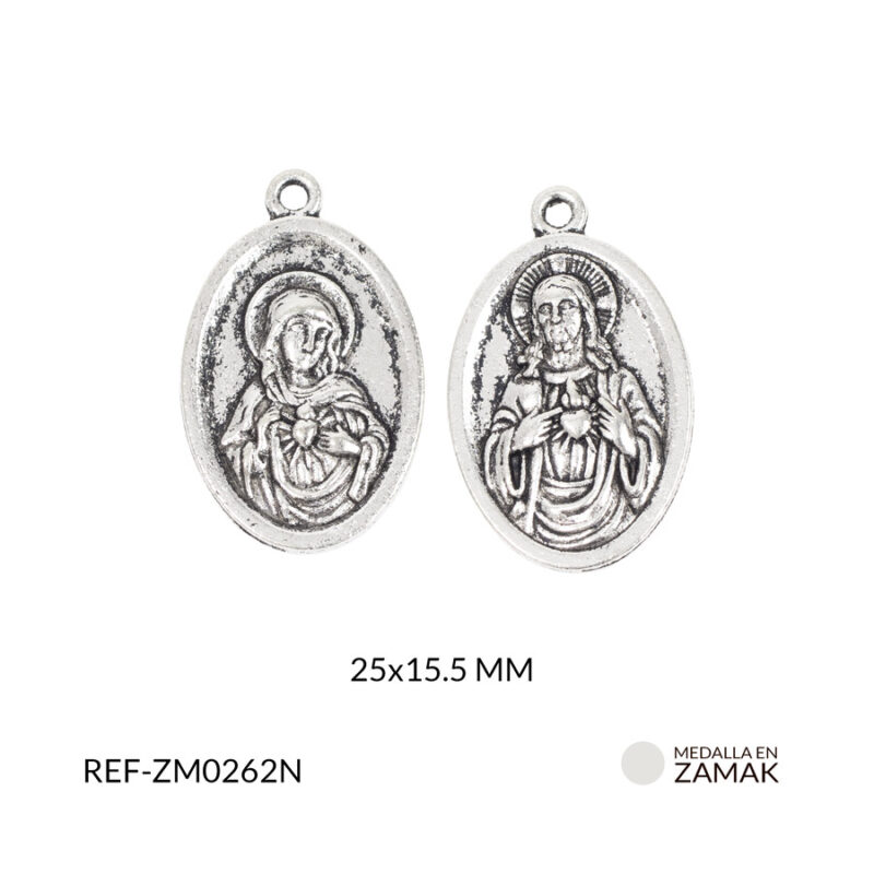 Medalla zamak sagrado corazon de Jesús y corazon de Maria 25X15.5mm paq x6