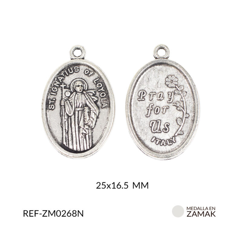 Medalla en zamak niquelada San ignacio 26x16.5 mm
