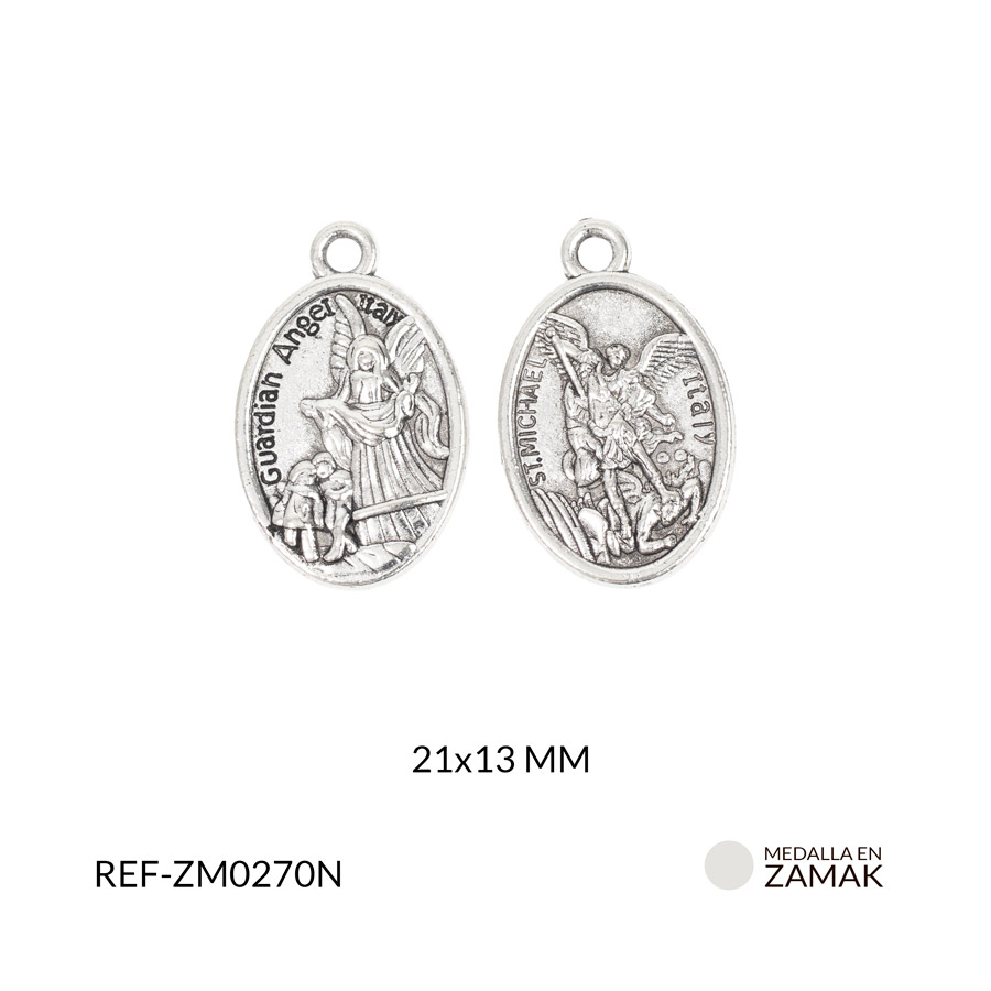 Medalla zamak San Miguel arcángel y Ángel de la guarda 21x13mm paq x12