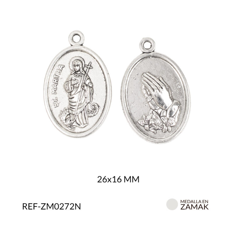 Medalla en zamak niquelada Virgen de Santa Marta 26x16mm x 12und