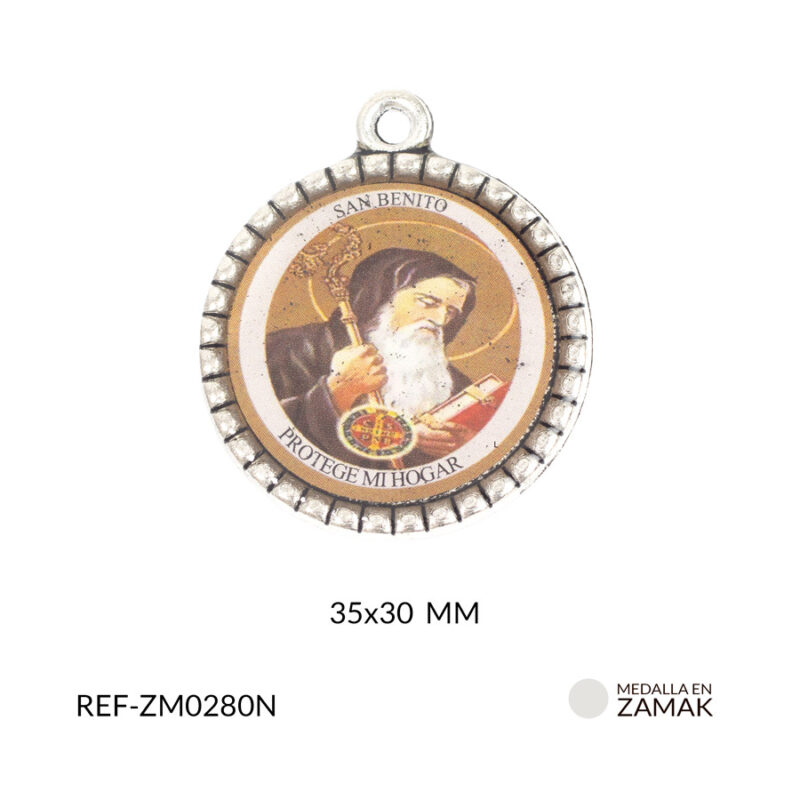 Medalla en zamak niquelada San benito 35x30 mm