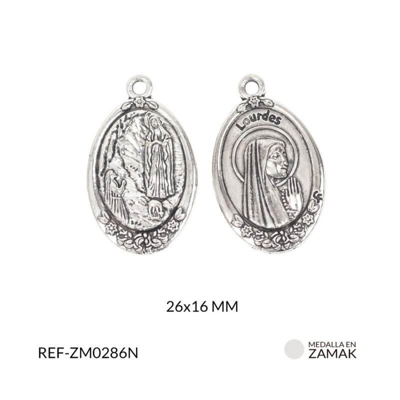 Medalla zamak ovalada virgen de los Lourdes 26x16mm paq x6 unidades