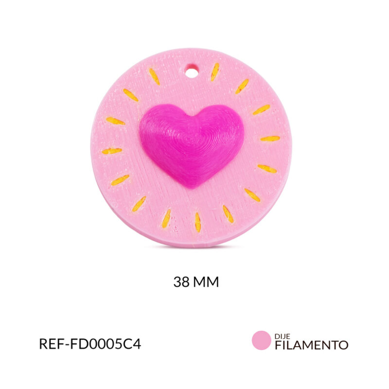 Dije redondo filamento corazon fucsia 38mm x und