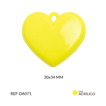 Dije acrílico corazon plano color amarillo 30x34mm x 2und