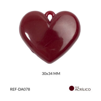 Dije acrílico corazon plano color vinotinto 30x34mm x 2und