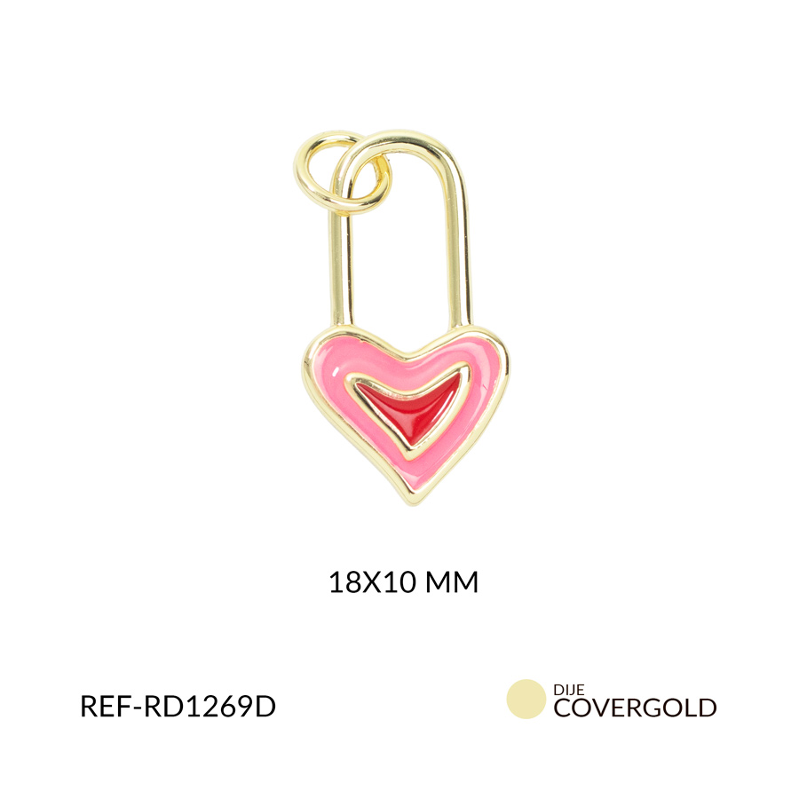 Dije covergold corazon candado resina fucsia y roja 18x10mm