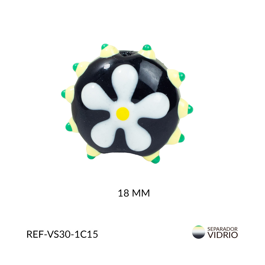Separador vidrio redondo negro flor blanca 18mm x und