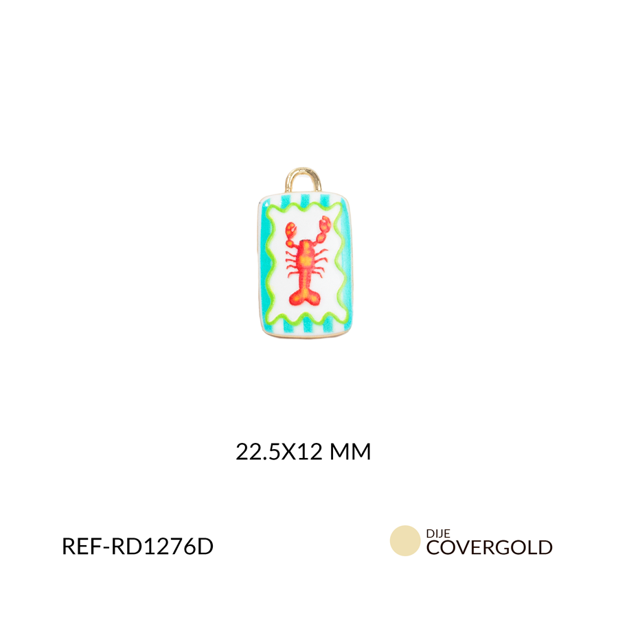 Dije covergold rectangulo blanco con langosta naranja 22.5 x 12 mm