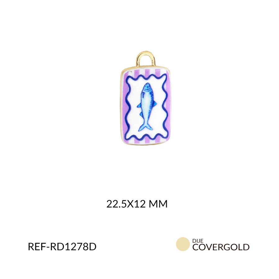 Dije covergold rectangulo blanco con pez azul 22.5 x 12 mm