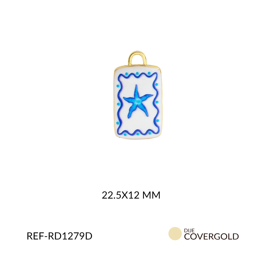 Dije covergold rectangulo blanco con estrella de mar azul 22.5 x 12 mm