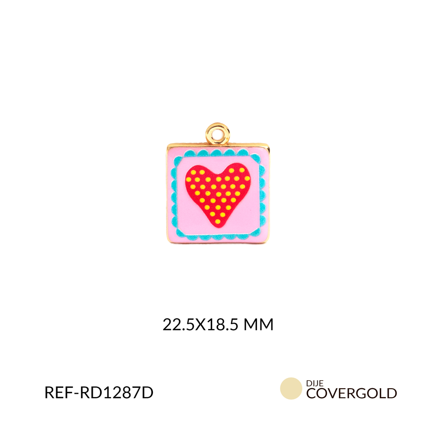 Dije covergold cuadrado rosado con corazón rojo 22.5 x 18.5 mm