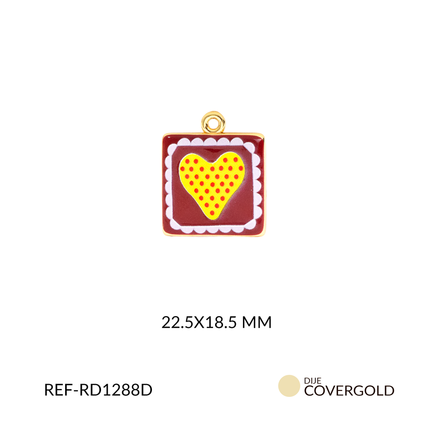 Dije covergold cuadrado rojo con corazón amarillo 22.5 x 18.5 mm