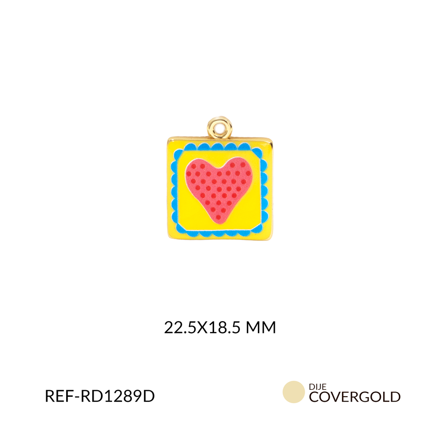 Dije covergold cuadrado amarilla con corazón rosa 22.5 x 18.5 mm